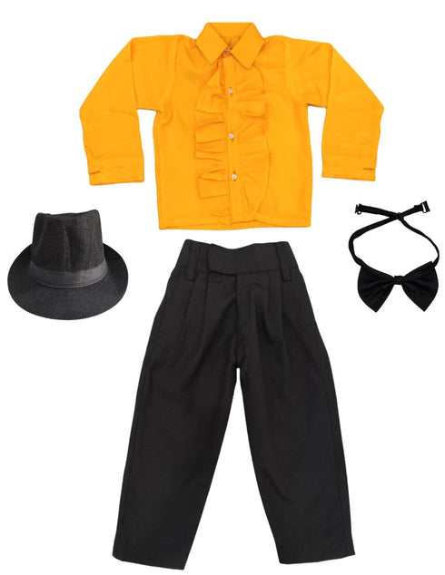 BookMyCostume Ballroom Western Dance Yellow Frill Shirt Black Pant Hat & Bow Set Kids Fancy Dress Costume